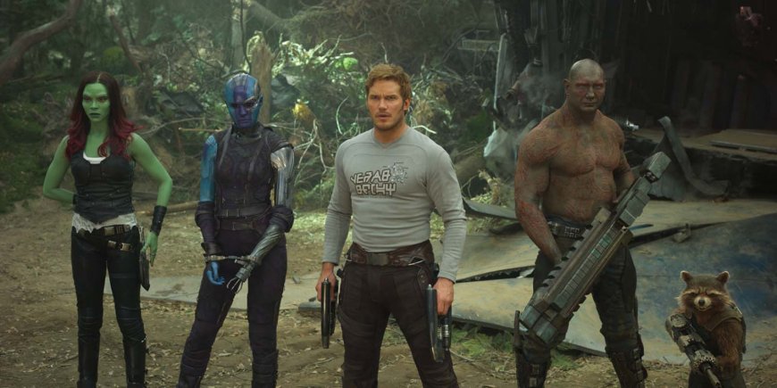 Chris Pratt, Dave Bautista, Karen Gillan et Zoe Saldana dans