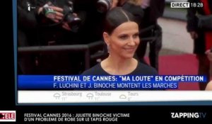Festival Cannes 2016 - Juliette Binoche : Un acteur marche sur sa robe, malaise sur le tapis rouge (Vidéo)