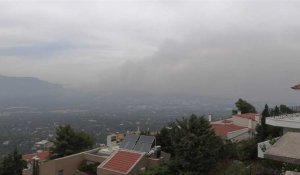 Un grand nuage de fumée s'élève au-dessus d'un feu dans la banlieue d'Athènes