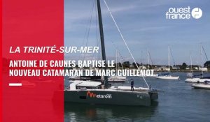 VIDÉO. Antoine de Caunes a baptisé le nouveau catamaran du navigateur Marc Guillemot
