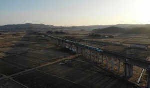 Vues aériennes d'un train déraillé par un violent séisme au Japon