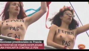 Élections présidentielles 2017 : des militantes Femen déploient une affiche anti-Le Pen à Hénin-Beaumont (vidéo)