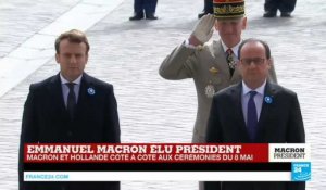 Cérémonies du 8 mai : le nouveau président élu Emmanuel Macron et François Hollande cote à cote