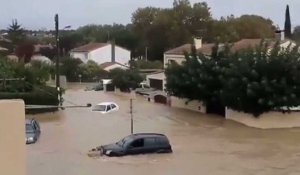 Inondations dans l'Aude: quartier inondé à Trèbes