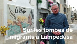 Sur les tombes de migrants au cimetière de Lampedusa (Sicile)
