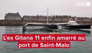 VIDÉO. L'ex-Gitana 11 enfin amarré dans le port de Saint-Malo 