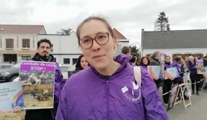 Sabine Billard, correspondante du Nord pour le parti animaliste s'exprime lors d'une manifestation contre des combats de coqs organisés à Beuvry-La-Forêt