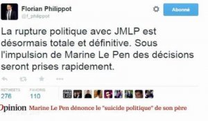 Marine Le Pen dénonce le "suicide politique" de son père