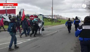 VIDÉO. Réformes des retraites. Grève du 23 mars, à Guingamp, des manifestants se dirigent la RN12