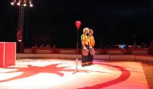 Les clowns du cirque Lydia Zavatta font leur show. Et pour savoir ce qu'il y a dans la boîte, allez voir le spectacle...