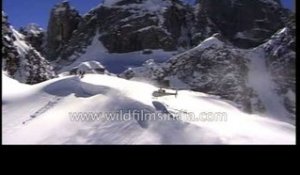 Helicopter drops adventure seeking skiers on Himalayan mountain top!