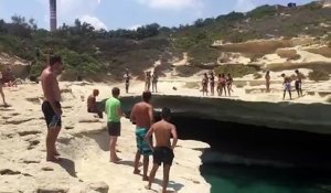 Un chien saute dans une piscine naturelle