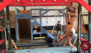 Un T-rex fait un parcours d'obstacles en mode Ninja