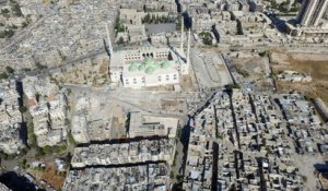 Drone footage of empty streets and destroyed city of Aleppo