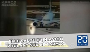 Elle saute d'un avion roulant sur le tarmac