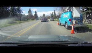 Un chien tombe d'une fenêtre de voiture en route !
