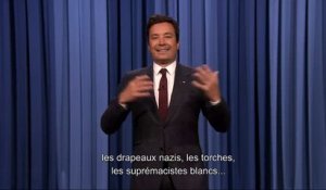 Ému, les larmes aux yeux, le présentateur Jimmy Fallon réagit aux événements de Charlottesville et aux propos de Trump -