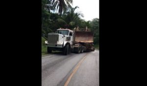 Un camion transportant un bulldozer glisse sur une colline