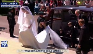 Mariage princier: première apparition de Meghan Markle avec sa robe de mariée