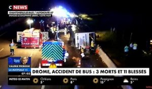 Drôme: Les premières images de l'accident d'un bus de supporters de rugby, cette nuit sur l'A7, qui a fait 3 morts et 8 blessés