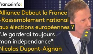Alliance Debout la France-Rassemblement national aux élections européennes ? "Je garderai toujours mon indépendance", déclare Nicolas Dupont-Aignan, et fera "part de sa position dimanche après-midi dans son discours de rentrée"