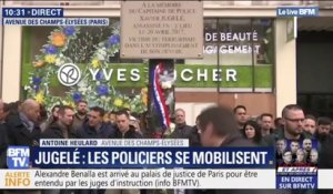 Des centaines de policiers rassemblés à Paris devant la plaque de Xavier Jugelé, vandalisée samedi dernier
