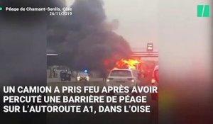 Dans l'Oise, un camion percute un péage après une course-poursuite et prend feu