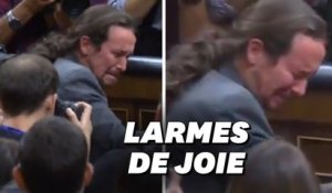 Les larmes de Pablo Iglesias, le leader de Podemos investi n°2 du gouvernement espagnol
