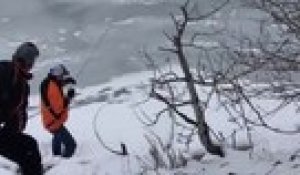 Sauvetage risqué d'un élan tombé dans un lac gelé