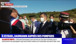 Gérald Darmanin est arrivé au Col de la Dona, où il rencontre les pompiers qui ont lutté contre un incendie survenu hier soir