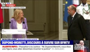 L'émotion de Nicole Belloubet lors de sa passation de pouvoir avec Éric Dupond-Moretti