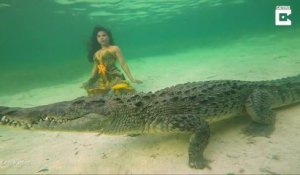 Elle pose au fond de la mer avec un crocodile énorme... séance photo risquée