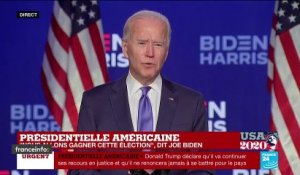 Joe Biden:  " La démocratie, ça fonctionne, vos bulletins seront comptés. Peu importe les efforts pour arrêter le décompte   ça n'arrivera pas. Notre politique, c'est de rassembler le pays