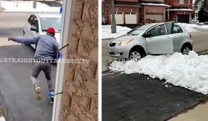 Un voleur de colis coince sa voiture dans la neige