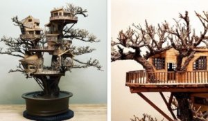 Cet artiste crée des cabanes miniatures fabriquées à la main, qu'il place dans des bonsaïs
