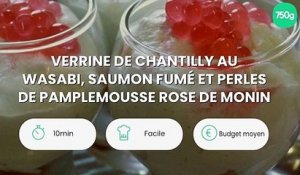 Verrine de chantilly au wasabi, saumon fumé et perles de Pamplemousse rose de Monin
