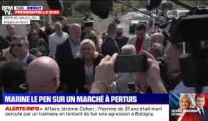 Marine Le Pen arrive sur le marché de Pertuis dans le Vaucluse