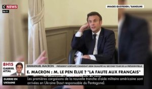 Emmanuel Macron estime qu'en cas d'élection de Marine Le Pen, il ne sera pas responsable : "Ce sera la faute des Françaises et des Français. Vous me faites rire, c’est la démocratie. C’est un choix de vous !"