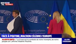 Emmanuel Macron arrive au Parlement européen où il s'exprimera pour la Journée de l'Europe