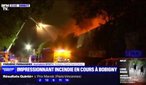 Incendie à Bobigny: "L'intégralité de l'entrepôt est embrasé, nous luttons actuellement avec 8 lances", explique le capitaine Vincent Lecomte (pompiers de Paris)