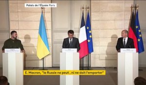 Prise de parole d'Emmanuel Macron, Volodymyr Zelensky et Olaf Scholz à l'Elysée