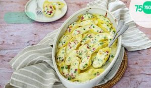 Conchiglioni farcis à la ricotta, petits pois et jambon