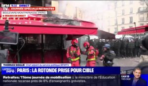 Retraites: départ de feu sur la devanture de La Rotonde lors de la manifestation à Paris