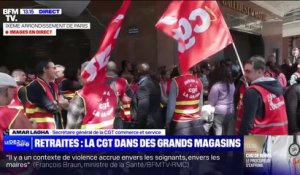 Retraites: action coup de poing de la CGT devant les Galeries Lafayette dans le 9ème arrondissement de Paris