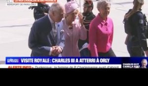 Atterrissage de Charles III en France : la reine Camilla, chic en rose pâle et taquinée par le ven