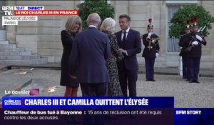 Charles III et la reine Camilla quittent le palais de l'Élysée après leur entretien avec Emmanuel et Brigitte Macron