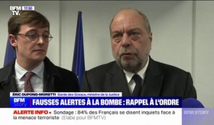 Fausses alertes à la bombe: "Ces petits plaisantins qui s'amusent avec ces fausses menaces seront retrouvés et punis", affirme le ministre de la Justice, Éric Dupond-Moretti