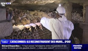 Des murs d'os reconstruits dans les catacombes de Paris