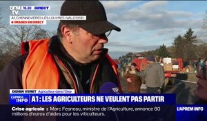Mobilisation des agriculteurs: "Tant que les réponses à nos revendications ne seront pas claires, nous ne partirons pas", affirme un agriculteur bloquant l'autoroute A1