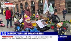 Crise agricole: les enfants d'agriculteurs aussi manifestent à Strasbourg sur des tracteurs en plastique